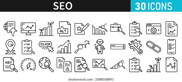 SEO icon set for web. Search Engine Optimization. Graph, traffic, optimization, analysis, target. Search Engine, chart and Marketing icons for web and mobile app.