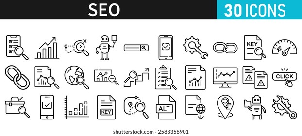 SEO icon set for web. Search Engine Optimization. Graph, traffic, optimization, analysis, target. Search Engine, chart and Marketing icons for web and mobile app.