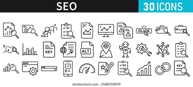 SEO icon set for web. Search Engine Optimization. Graph, traffic, optimization, analysis, target. Search Engine, chart and Marketing icons for web and mobile app.