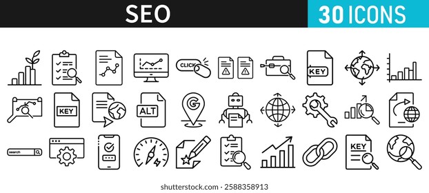 SEO icon set for web. Search Engine Optimization. Graph, traffic, optimization, analysis, target. Search Engine, chart and Marketing icons for web and mobile app.