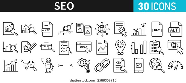 SEO icon set for web. Search Engine Optimization. Graph, traffic, optimization, analysis, target. Search Engine, chart and Marketing icons for web and mobile app.