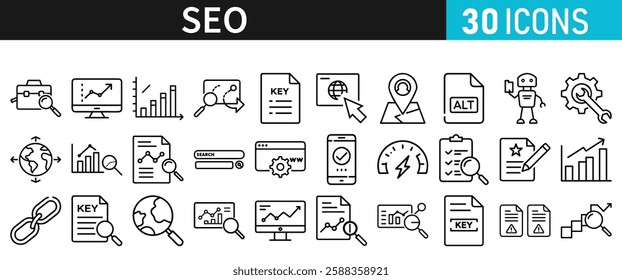 SEO icon set for web. Search Engine Optimization. Graph, traffic, optimization, analysis, target. Search Engine, chart and Marketing icons for web and mobile app.