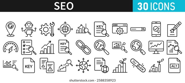 SEO icon set for web. Search Engine Optimization. Graph, traffic, optimization, analysis, target. Search Engine, chart and Marketing icons for web and mobile app.