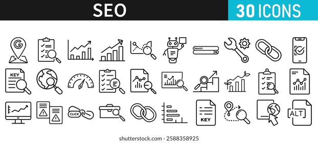 SEO icon set for web. Search Engine Optimization. Graph, traffic, optimization, analysis, target. Search Engine, chart and Marketing icons for web and mobile app.