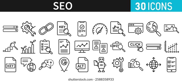 SEO icon set for web. Search Engine Optimization. Graph, traffic, optimization, analysis, target. Search Engine, chart and Marketing icons for web and mobile app.