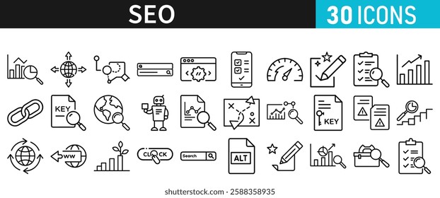SEO icon set for web. Search Engine Optimization. Graph, traffic, optimization, analysis, target. Search Engine, chart and Marketing icons for web and mobile app.