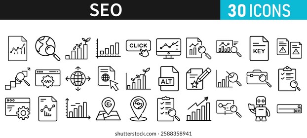 SEO icon set for web. Search Engine Optimization. Graph, traffic, optimization, analysis, target. Search Engine, chart and Marketing icons for web and mobile app.