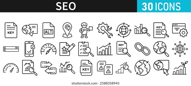 SEO icon set for web. Search Engine Optimization. Graph, traffic, optimization, analysis, target. Search Engine, chart and Marketing icons for web and mobile app.
