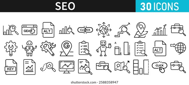 SEO icon set for web. Search Engine Optimization. Graph, traffic, optimization, analysis, target. Search Engine, chart and Marketing icons for web and mobile app.