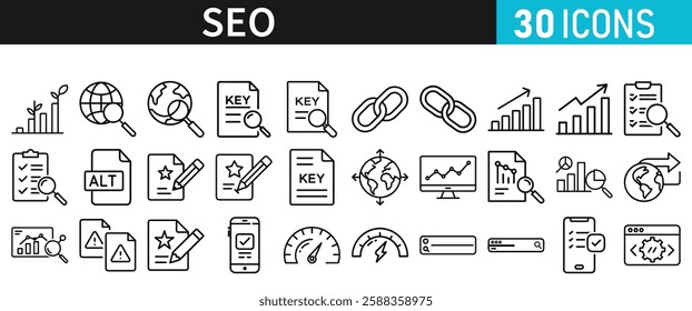 SEO icon set for web. Search Engine Optimization. Graph, traffic, optimization, analysis, target. Search Engine, chart and Marketing icons for web and mobile app.