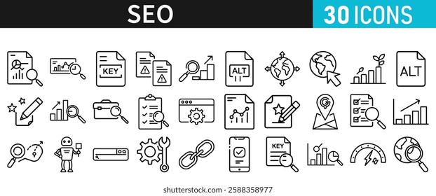 SEO icon set for web. Search Engine Optimization. Graph, traffic, optimization, analysis, target. Search Engine, chart and Marketing icons for web and mobile app.