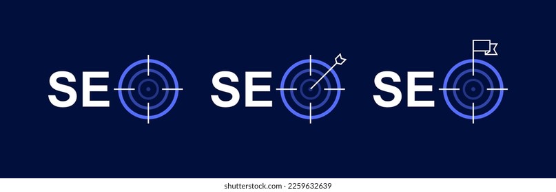 SEO icon with target isolated on dark background. SEO Optimization, analytics and Marketing. The concept of achieving a goal in SEO. Vector illustration.