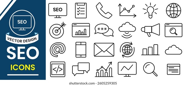 SEO icon vector collection. Outline of SEO or Search Engine Optimization icon for web,  Marketing icons for business, Contact, Target, Website. Vector illustration.