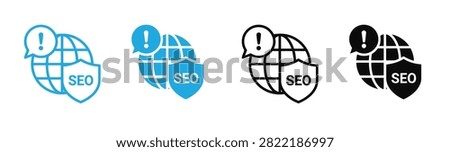  SEO icons A clean set of four vector representing global  protection, web security alerts, and search engine optimization monitoring. The design features a stylized globe, a speech bubble containing .
