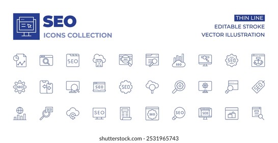 Colección de iconos Seo. Búsqueda, búsqueda, SEO, Configuraciones, compras en línea, restauración, SEO y Web, informe de SEO, diseño responsivo.