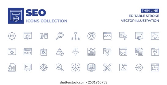 Sammlung von Seo-Symbolen. Symbole für dünne Linien, editierbarer Strich. Content-Strategie, Web, Zielgruppe, Zielgruppe, Pyramide, Programmierung, Dark Web, Datenanalyse, Daten.