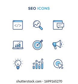 SEO icons: Development, Research, Keywords, Targeting, Ranking, Clicks, Idea, Analytics, Promotion