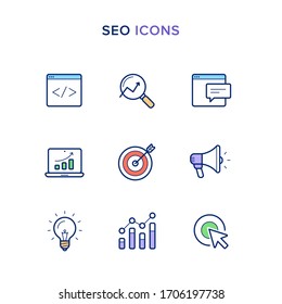 SEO icons: Development, Research, Keywords, Targeting, Ranking, Clicks, Idea, Analytics, Promotion