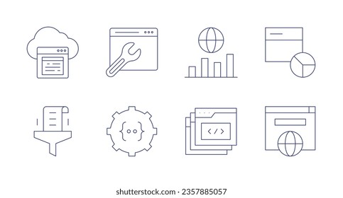 Iconos Seo. trazo editable. Conteniendo mantenimiento, procesamiento, seo, pestañas, web, análisis web, nube, datos.