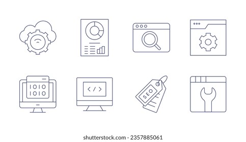 Iconos Seo. trazo editable. Conteniendo análisis de mercado, programación, seo, etiqueta, desarrollo web, llave, nube, encriptación.
