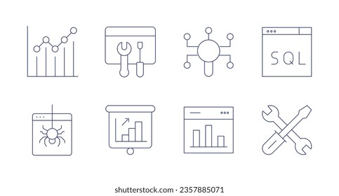 Seo icons. editable stroke. Containing maintenance, presentation, seo, statistics, sql, technical support, chart, dark web.