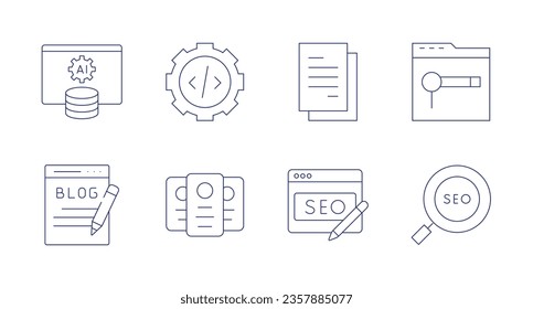 Seo icons. editable stroke. Containing gear, interfaces, report, seo, searching, ai, blog.