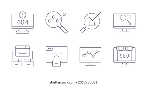 Seo icons. editable stroke. Containing error, backlink, analytics, browser, line graph, search, seo, analysis.