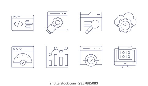 Seo-Symbole. bearbeitbarer Strich. Enthält Code, schnell, Online-Service, Ranking, Ziel, Web, Cloud, Verschlüsselung.