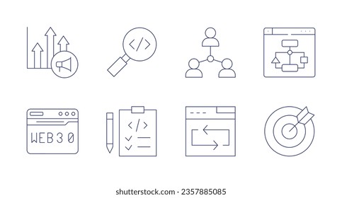 Seo icons. editable stroke. Containing chart, web, magnifying glass, planning, people, repeat, sitemap, target.