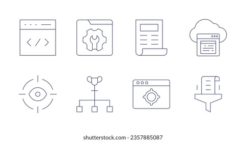 Seo icons. editable stroke. Containing code, eye, online service, ranking factor, seo report, target, cloud, data.