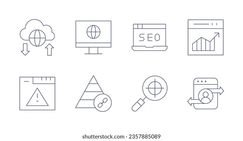 Seo icons. editable stroke. Containing cloud, error, monitor, pyramid, seo and web, target, web traffic.