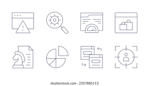 Seo-Symbole. bearbeitbarer Strich. Mit Vorsicht, Content Strategie, Vergrößerung Glas, Kuchen-Diagramm, Optimierung, Umleitung, Online-Shopping, Zielgruppe.