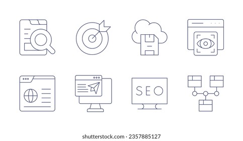 Iconos Seo. trazo editable. Contiene análisis, navegador, objetivo, página de inicio, archivo de guardado, sesión, vista, sitio web.