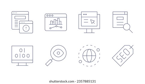 Seo icons. editable stroke. Containing adware, binary code, insight, web traffic, improvement, localization, searching, seo.