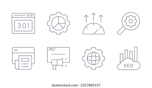 Seo icons. editable stroke. Containing 301, article, analytics, browser, high performance, world grid, search, seo.