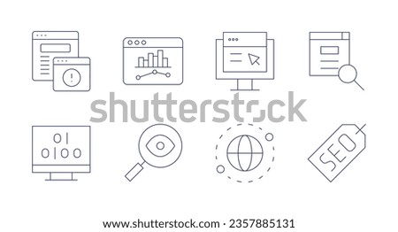 Seo icons. editable stroke. Containing adware, binary code, insight, web traffic, improvement, localization, searching, seo.
