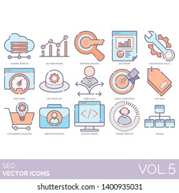 SEO icons including hosting, benchmark, keyword analysis, report, maintenance tool, page speed, white hat, user flow, goals completion, tags, e-commerce, portfolio, custom coding, support, sitemap.