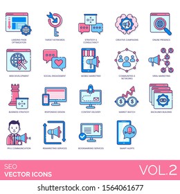 SEO icons including landing page optimization, creative campaign, online presence, social engagement, mobile marketing, community, network, viral, responsive design, content delivery, market watch.