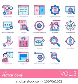 SEO icons including readability check, keyword density, A/B testing, reputation, case study, conversion optimization, training, affiliate marketing, branding service, campaign tweak, target audience.