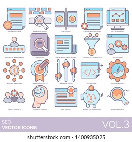 SEO icons including readability, keyword density, testing, content, monitoring, reputation, case study, press release, conversion, training, affiliate marketing, branding, campaign tweak, clean code.