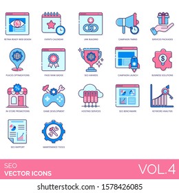 SEO icons including retina ready web design, events, link building, campaign, service package, place, page range badge, award, launch, in store promotion, development, hosting, benchmark, rapport.