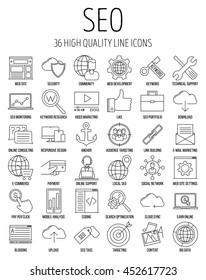 SEO icons. Internet and development signs. Web site, keyword, anchor, SMM, technical support, video marketing and other things. Line art vector illustration.