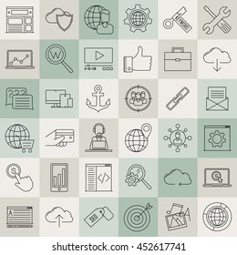 SEO icons. Internet and development signs. Web site, keyword, anchor, SMM, technical support, video marketing and other things. Line art vector illustration.