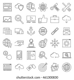 SEO icons. Internet and development signs. Web site, keyword, anchor, SMM, technical support, video marketing and other things. Line art vector illustration.