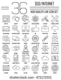 SEO icons. Internet and development signs. Web site, keyword, anchor, SMM, technical support, video marketing and other things. Line art vector illustration.