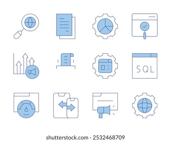 Seo-Symbole. Linienduotonstil, bearbeitbarer Strich. sql, usability, web management, report, responsive design, world grid, internet, analytics, browser, daten, chart.