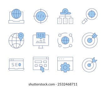 Seo-Symbole. Linienduotonstil, bearbeitbarer Strich. SEO und Web, Ziel, SEO, Ziel, Laptop, Internet, Geolokalisierung, Kodierung, Framework, Browser, Klick.