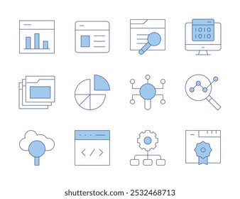 Seo icons. Line Duotone style, editable stroke. search, web, website, validation, encryption, tabs, seo, statistics, hierarchy, pie chart, analytics, code.