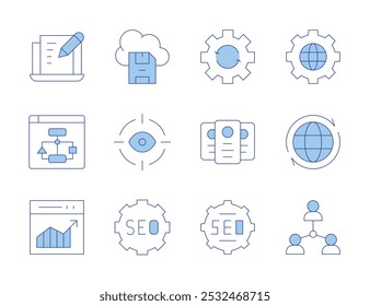 Seo-Symbole. Linienduotonstil, bearbeitbarer Strich. speichern Datei, seo, Sitemap, Web-Verkehr, Menschen, Laptop, Globus, global, Schnittstellen, Auge, Prozess.