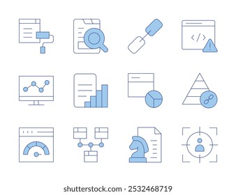 Seo icons. Line Duotone style, editable stroke. content strategy, target audience, theme, web analytics, website, report, line graph, link, pyramid, internet, coding, analytics.